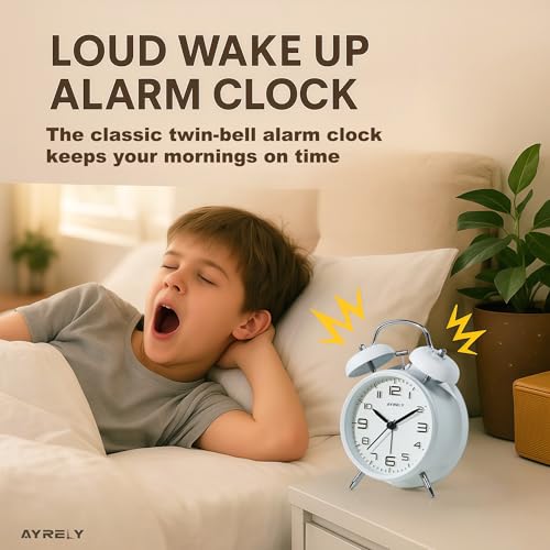 Image of AYRELY Super Loud Alarm Clock for Heavy Sleepers Adults, Metal 4.5 Inches | Twin Bell Retro, Silent Non-Ticking Quartz with Backlight, 3D Raised Number Dial, Alarm Clocks for Bedrooms and Bedside