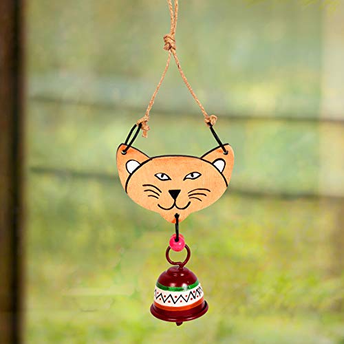Image of Aakriti Art Creations Pink Cat Wind Chime with Metal Bell | Handmade Wooden & Metal Wind Chime | Matte Decorative Wind Chimes for Balcony, Garden & Home, Living Room & Gifting