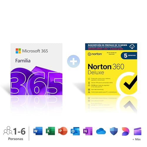 Microsoft 365 Familia│12 meses│6 personas│ Hasta 6 TB de almacenamiento Onedrive│Apps Office con IA + Norton 360 Deluxe│5 Dispositivos│15 meses│Suscripción con renovación automática