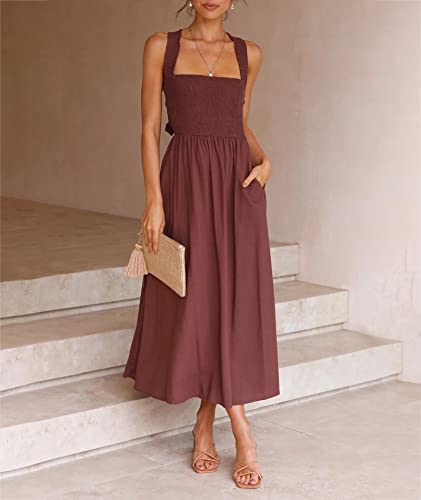 Image of Sexyshine Women's Square Neck Halter Lace Up Criss Cross Maxi Dress Tie Back Sleeveless Smocked Ruched A Line Dress