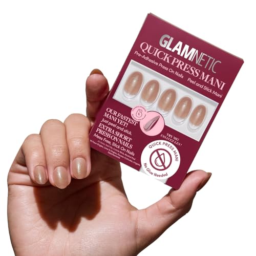 Glamnetic Quick Press Mani - No Glue Press On Nails Just Peel and Stick Oval Extra Short Nails Mess Free Salon Quality Stick On Nails Sparkly Brown | in 15 Sizes - 30 Nail Kit