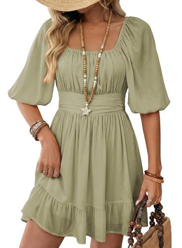 Dokotoo Beach Vacation Essentials Shirred Elastic Waist Square Neck Summer Dress for Women Tie Back Long Lantern Sleeve Ruffle A-Line Sexy Dresses Casual Mini Dress Light Green Medium