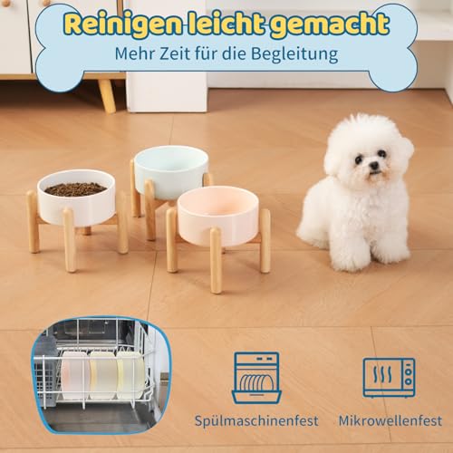 Hundenapf Keramik Futternapf Hund Erhöht - Hundefressnapf mit Rutschfestem Holzständer - Ideal für Kleine und Mittelgroße Hunde - 800 ml - Weiß