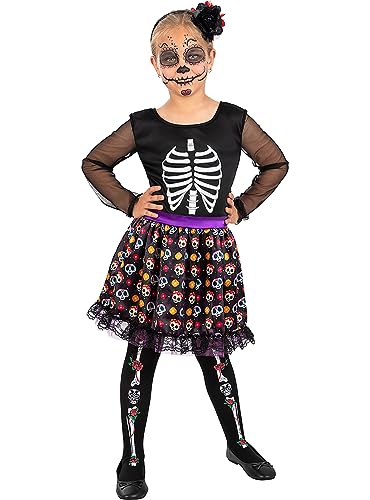 Funidelia | Disfraz de Catrina esqueleto Día de los Muertos para niña Calavera mexicana, Halloween, Día de los muertos - Disfraz para niños para Carnaval y Halloween - Talla 3-4 años - Negro