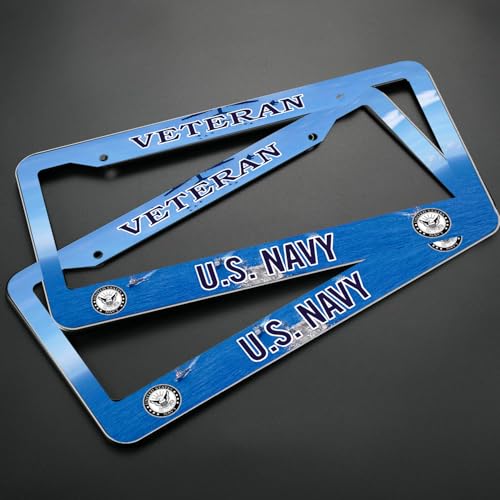 Image of 2PCS License Plate Frames for Veteran U.S.Navy,Car License Plate Bracket Holder, Premium Aluminum Alloy Weather Proof License Plate Covers with Screw Caps Cover Set Car Accessories