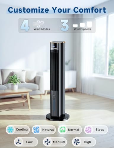Image of HIFRESH 107CM Tower Fans w /Cooling, Memory & Aroma Function, Remote & Touch Screen, 4 Modes & 3 Speeds,15H Timer, 4.2L Dual Tanks, 6 Ice Pack, 22Ft Air Throw, Low Power Consumption Tower Fan for Room