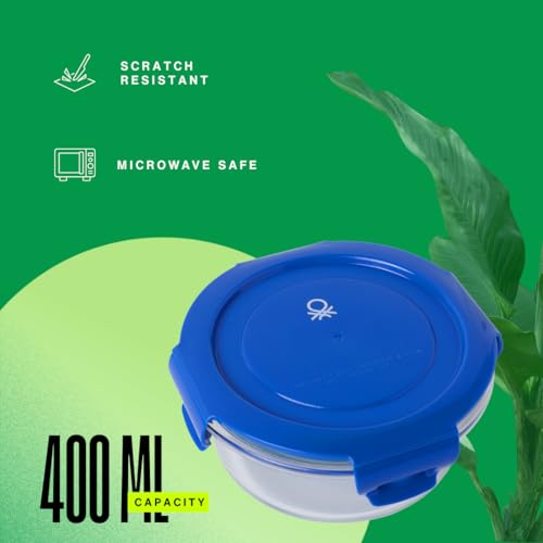 Image of United Colors of Benetton 400ML Borosilicate Glass Food Storage Container with Airtight Coloured Lid - Leakproof, Microwave, Oven, Freezer & Dishwasher Safe - Durable & Reusable Lunch /Dinner Box