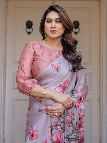 Image of ALMAARI FASHION Women's Floral Printed Georgette Satin Saree with Unstitched Blouse Piece | Traditional Ethnic Wear Sarees | Soft Lightweight Ethnic Office Wear Daily Wear Indian Sari (SG 161-170 H)
