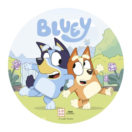 dekora - Decoración para Tarta de Cumpleaños Infantiles - Cumpleaños bluey y bingo - 20 cm - Disco de Oblea Comestible para Tarta Sin Gluten, Sin Azúcar, Sin Lactosa - Apto para Vegetarianos