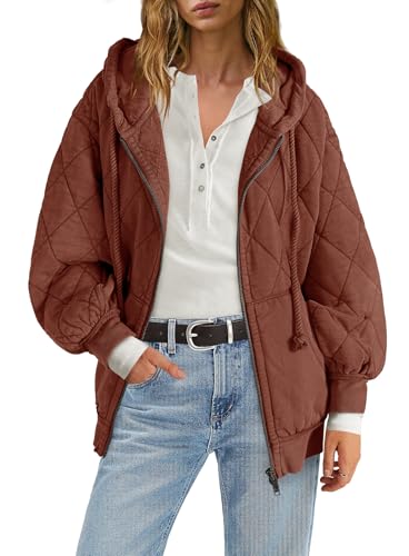 Yanekop Womens Quilted Jackets Lightweight Puffer Jacket Casual Padded Coat Outwear Oversized Puffer Coat with Pockets(Red Brown,M)