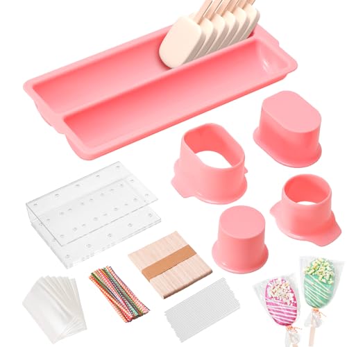 UwinVwin Cakesicle Cutter and Cake Pop Mold Set with Acrylic Stands Tray Sticks Cellophane Bags & Ties Complete Baking Kit for Home Party Wedding Desserts Pink