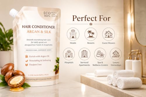 Image of Hair Conditioner Refill Pack 1 Litre | Argan & Silk | Professional Hospitality Conditioner for Hotels, Resorts & Guest Houses | Paraben Free | Dispenser Refill Pouch