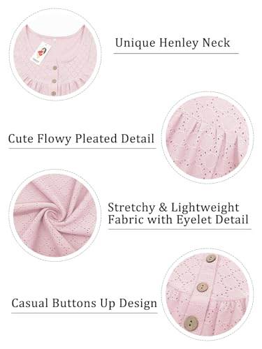 Image of VISLILY Womens-Plus-Size-Summer-Tops Buttons Up Henley Shirts Flowy Pleated Tunics Trendy Eyelet Short Sleeve Blouses