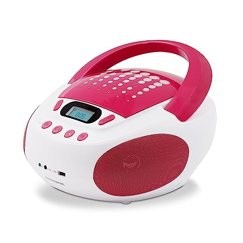 Reproductor de CD Infantil MP3 Pop Pink con Puerto USB de alimentación o Pilas - Blanco y Rosa