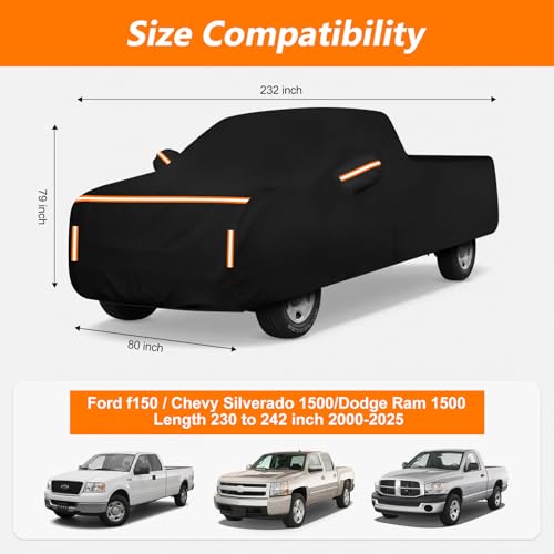 Image of Car Cover for Ford F-150 Chevy Silverado 1500 Ram 1500 Crew Cab 2000-2025 Waterproof PEVA Cotton Lined Outdoor Truck Cover Windproof UV Protection with Door Zipper