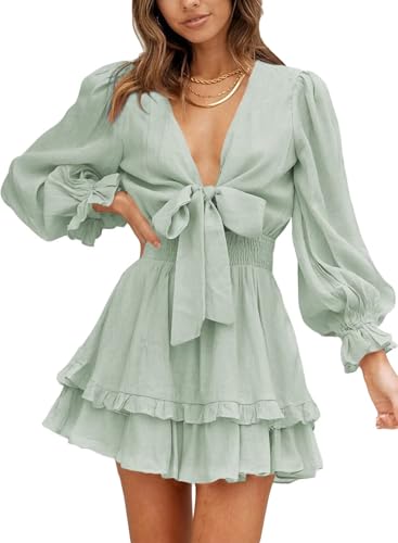 Image of Dokotoo Womens Casual Spring Fall 2025 Deep V Neck Knotted Tiered Chiffon Elegant Mini Short Swing Skater Dresses