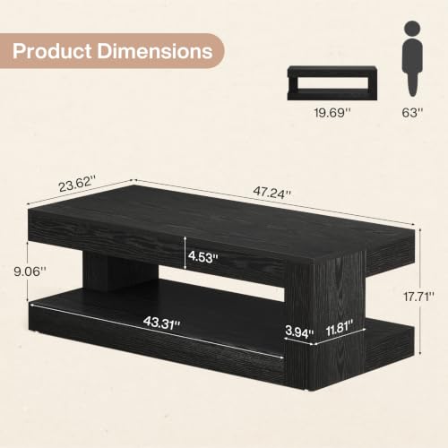 Image of Tribesigns Coffee Table for Living Room, 47.24 Inch Farmhouse 2-Tier Accent Center Tea Cocktail Table with Storage, Rectangle, Black