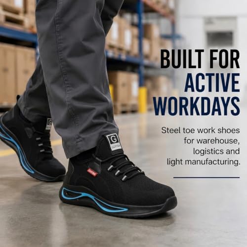 Image of GLANOUDUN Steel Toe Shoes for Men Lightweight Safety Toe Work Shoes Black | Anti Impact Toe Cap, Puncture Resistant, Wear resistant, Comfortable, Cushioned, Breathable, Construction Warehouse Logistics
