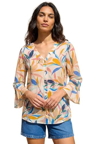 Image of Roman Originals Tropical Print Frill Sleeve Top for Women UK - Ladies Everyday Holiday Spring Summer V-Neckline Comfy Soft Evening Vacation Work Party - Leaf Blue - Size 14