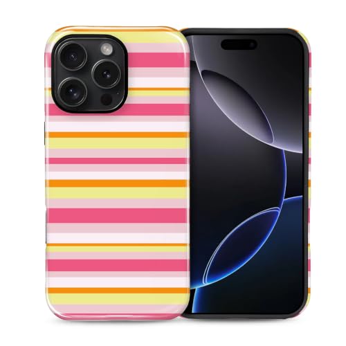 NONMY for iPhone 16 Pro Max Case,Hybrid 2 Layer Hard Shell Silicone Protective Case - Aesthetic Orange Pink Stripes - Scratch Resistant Shockproof Cover