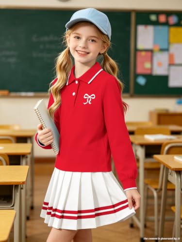 Image of Betusline Girls Long Sleeve Polo Skirt Set Kids Preppy Uniform Outfit,4-14Y