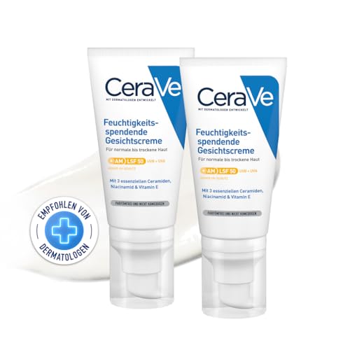 CeraVe Feuchtigkeitsspendende Gesichtscreme mit LSF 50, Hydratisierende Tagescreme mit Lichtschutz für normale bis trockene Haut, Schutz vor UVA- und UVB-Strahlung, 2 x 52ml