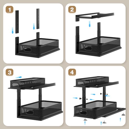 Image of 2 Pack 18.5IN-Depth Under Sink Organizer With Next-Gen Ball-Bearing Slides,2-Tier Precision Mesh Pull Out Cabinet Storage for Bathroom&Kitchen,Height Adjustable Drawers Shelf,Anti-rust-Black
