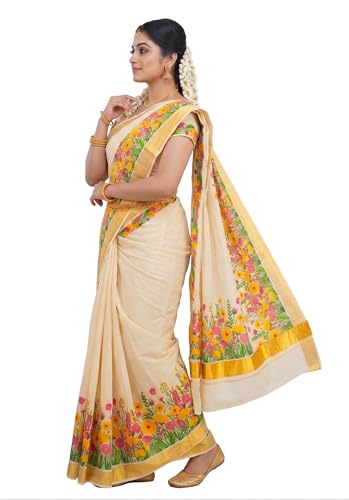Image of Women's Mural Printed Kerala Gold Tissue Saree with Running Blouse Piece | Traditional South Indian Ethnic Saree for Festivals, Weddings & Special Occasions
