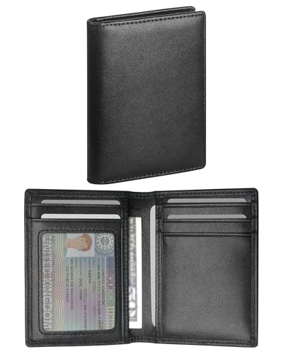 Bifold Slim Men Wallet Genuine Leather Thin, Fit 6-8 Cards, Several Cash (Fold Once), Small Vertical RFID Blocking Wallets for Men -Black
