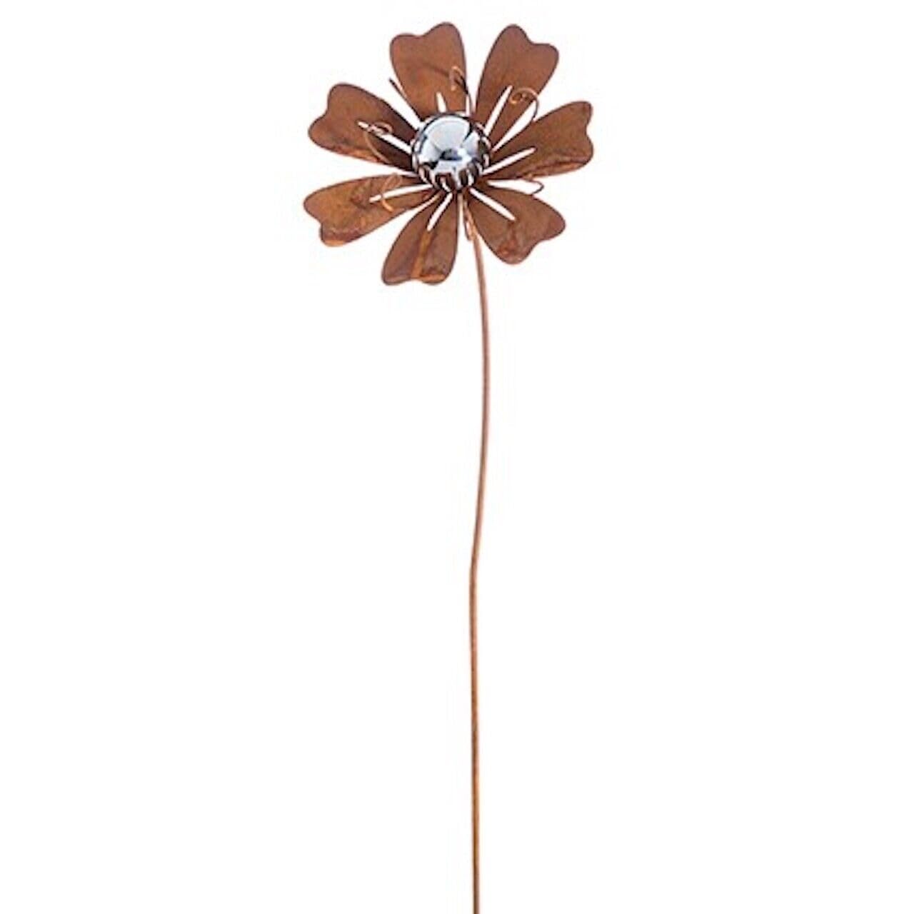Premier Rusty Patina Metal Flower Lily Curved Garden Stake With Silver Ball 1 Metre Tall