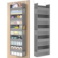 SONGMICS Over The Door Organizer, Hanging Door Organizer with 5 Large Pockets, 5-Tier Fabric Storage, Transparent Nylon Mesh, Foldable, Metal Hooks, with Side Pouches, Dove Gray URDH007G01
