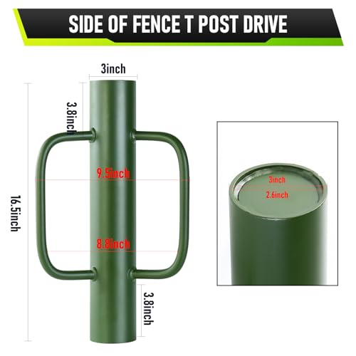 ICokin Green Fence Post Driver，16.5 Inch T Post Driver,12LB Hand Post Pounder with Handle, Heavy Duty Post Hole Digger - Thumbnail 2