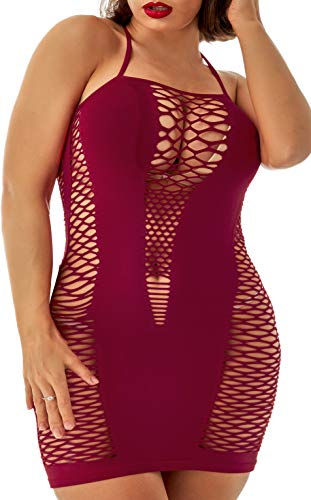 elescat Womens Plus Size Lingerie Fishnet Dress Seamless Outfit Mesh Chemise Babydoll Bodysuit(WNRD,2XL) Wine Red