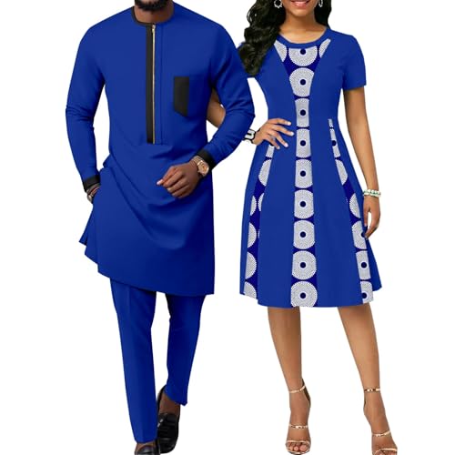 African A-line Dresses for Women Matching Couple Outfits Dashiki Men Clothes Zipper Shirt and Pant Sets Party Wear