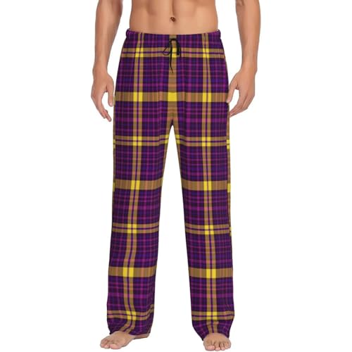 Retro Purple Yellow Plaid Print Mens Pajama Pants with Pockets, Lounge Sleep Pants Sleepwear Long Pj Bottoms2