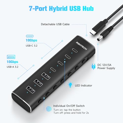 Image of RSHTECH 36W USB C Powered Hub, 7 Ports (4C+3A) Aluminum USB-C 3.2 10Gbps Data Hub with 12V /3A AC Adapter and Detachable Cable 3.3 Feet