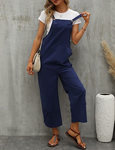 Yimoon Women's Casual Cotton Linen Baggy Bib Overalls Wide Leg Jumpsuits(Navyblue-L) #TOP3