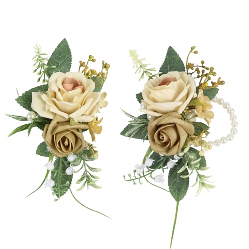 IPOPU Beige Rose Wrist Corsage and Boutonniere Set