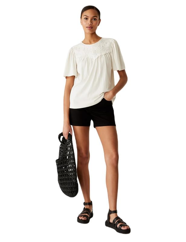 Image of Marks & Spencer Womens Embroidery Cotton Round Neck Regular Fit Short Sleeve Top