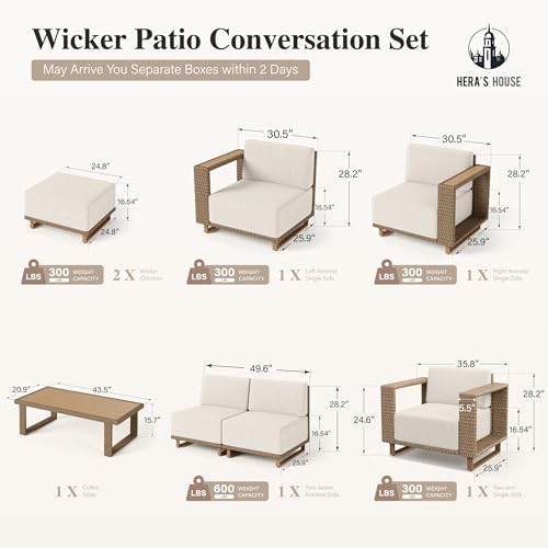 Image of HERA'S HOUSE Patio Sectional Furniture Set with 10 inch Thick Cushions, Outdoor Modular Couch Sofa Set, 7 Seats Yellow Rattan Conversation Sets for Deck Yard Lawn