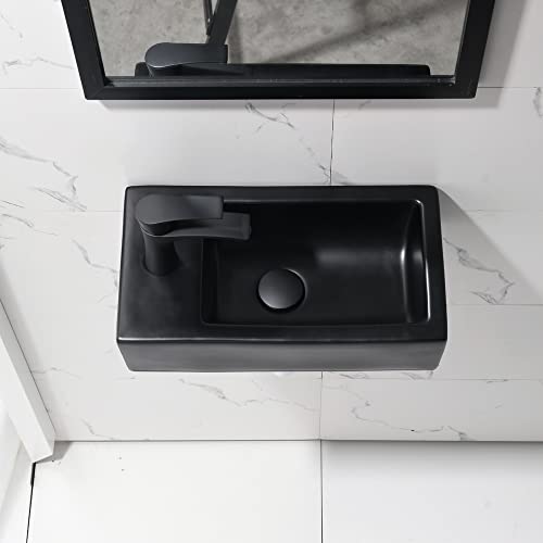 Black Corner Bathroom Sink Wall Mount-Bokaiya 18 Inch Small Narrow Space Corner Sink Matte Black Porcelain Ceramic Cloakroom Mini Vanity Bathroom Sink And Faucet Combo, Left Hand #TOP2