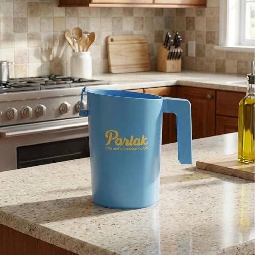 Image of Parlak Milk and Oil Packet Holder, Black Plastic Kitchen Organizer with Handle, Cylindrical Spill-Proof Pouring Container (Blue, Large)