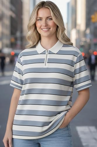 Image of Mack Jonney Women's Striped Polo T-Shirt | Half Zip Collar | Half Sleeve Cotton Casual Top | Relaxed Fit-M7496