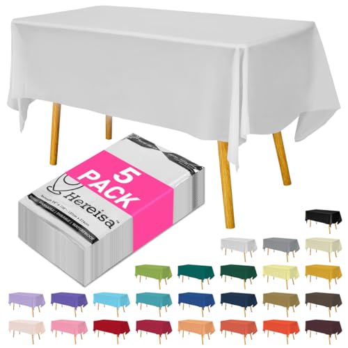 Hereisa Disposable Plastic Tablecloth White 54x108 Inch, 5-Pack Waterproof Rectangular Table Cover for Parties, Picnics, Dining Protection