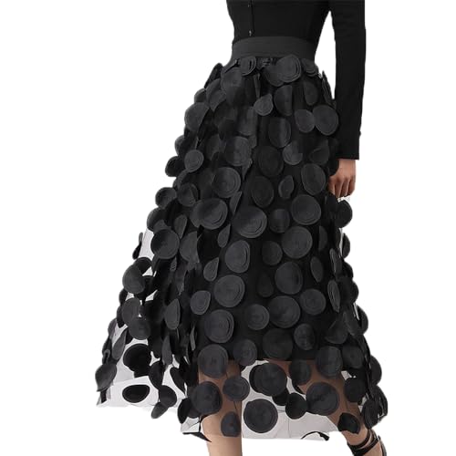 Falda midi de tul para mujer, cintura alta elástica, falda de malla de lunares 3D, falda acampanada, falda de burbujas en capas, vestido de graduación, Negro -, Talla única