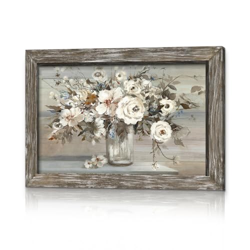 Rose Bouquet Framed Wall Art - Brown Rustic Abstract Floral Painting Flower in Vase Picture Botanical Prints Wooden Artwork for Bedroom Farmhouse
