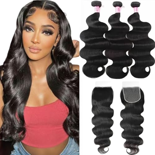 Image of UNICE Body Wave Human Hair Bundles with Closure 16 18 20+14 inch Brazilian Virgin Hair Weave 3 Bundles Human Hair with 5x5 hd Lace Closure Free Part Bleached Knots Natural Black