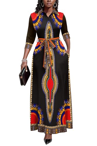 Image of Runwind Women Church Maxi Dresses 3 /4 Sleeve Button Down Print Casual Office Dress African