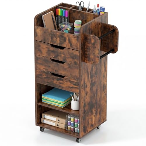 Image of Tangkula Rolling Storage Cart with Drawers, Industrial Aesthetics Organizer Cart w /Lockable Casters, Makeup Utility Cart w /3 Shelves, Slots & Dowels, Storage Cabinets on Wheels, Home Office Craft Cart