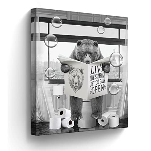 Lienzo decorativo para pared con diseño de osos divertidos en blanco y negro, diseño de oso sentado en el inodoro, lectura, periódico, pintura para inodoro, baño, animales, obra de arte enmarcada de